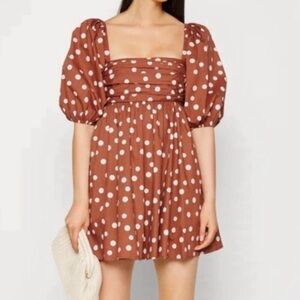 Abercrombie brown and white polka dot puff sleeve mini dress pockets